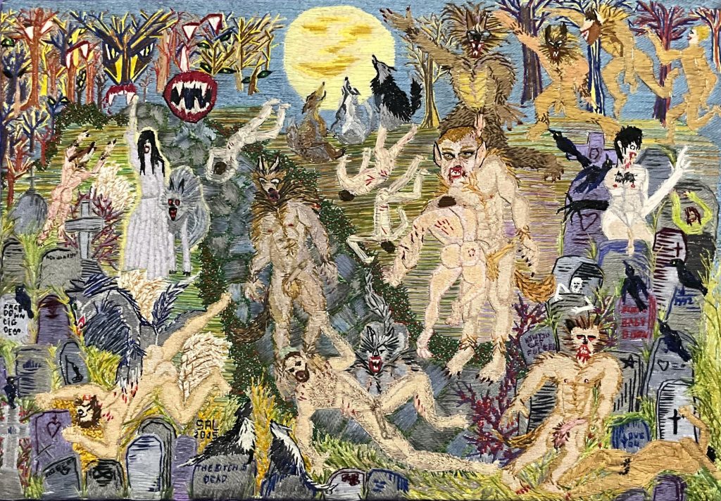 thread painting of a graveyard scene